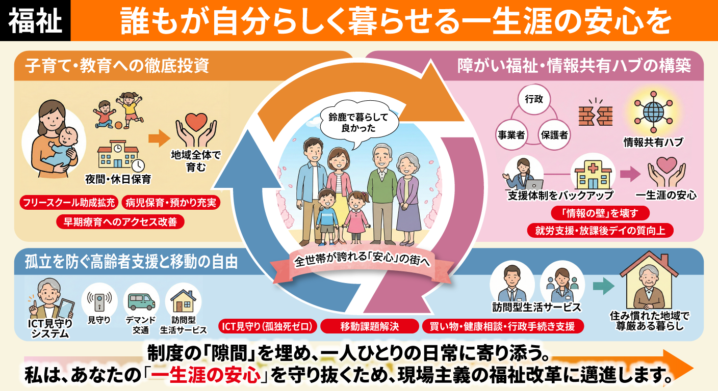「子供から高齢者まで。すべての人が輝く「安心」の街づくり。」のイメージ図