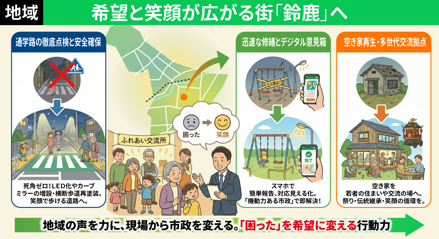 「あなたの「困った」を解決し、希望と笑顔が広がる街に。」のイメージ図